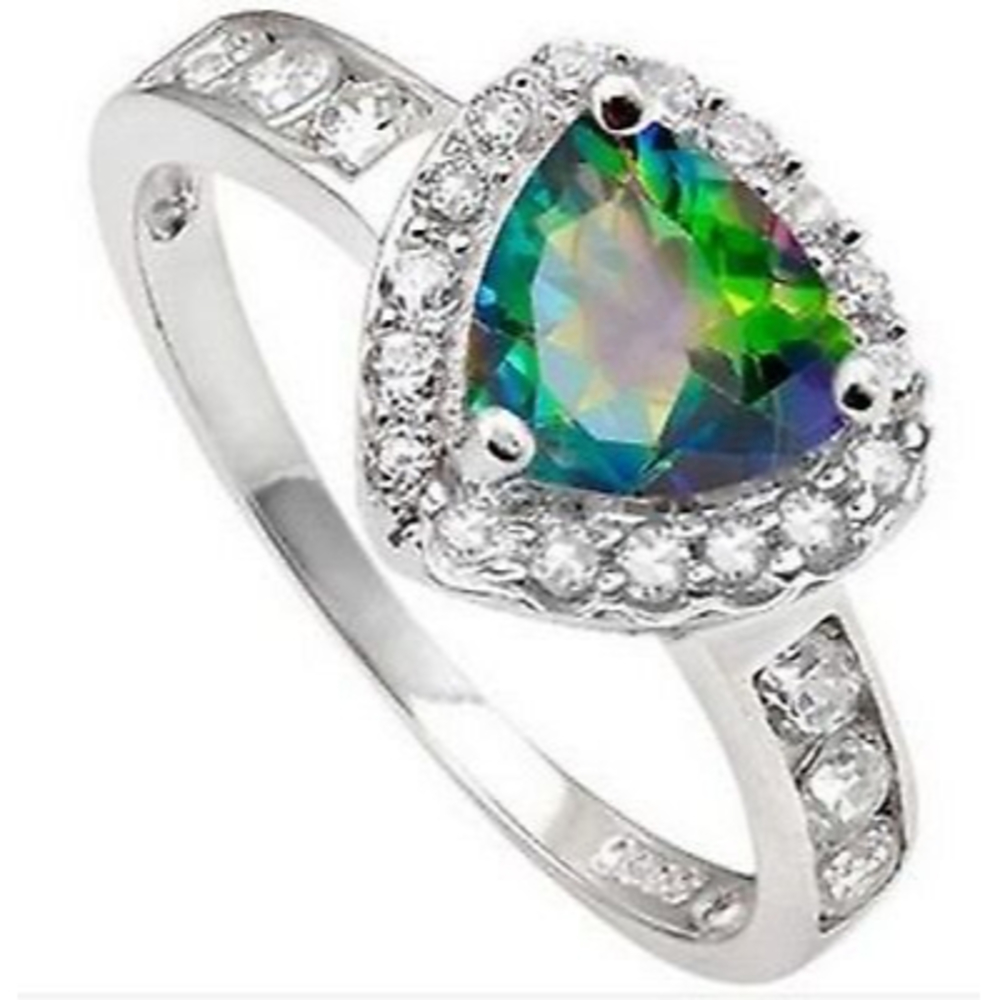1.42 CARAT GREEN MYSTIC GEMSTONE & CUBIC ZIRCONIA Sterling Silver Ring (Size 7)